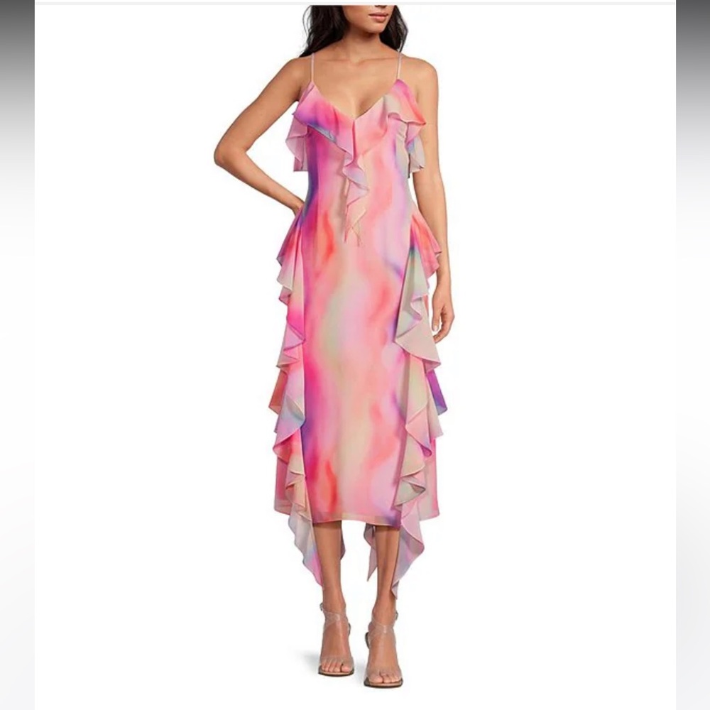 NWT Gianni Bini Tammy Printed Chiffon Ruffle V-Neck Dress